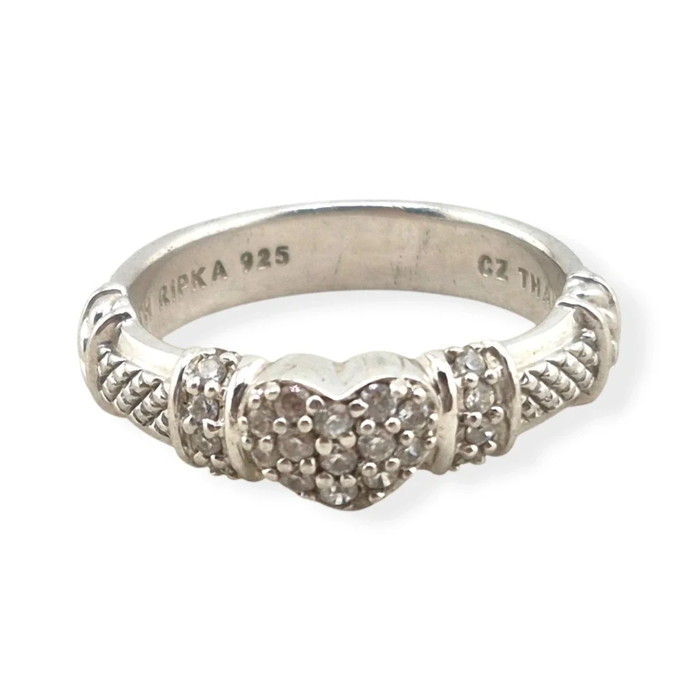 Judith Ripka Sterling Silver Pave CZ Heart Ring 925 Basketweave Rope Size 8